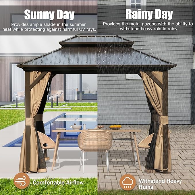 Domi 8' x 10' Hardtop Gazebo Permanent Metal Gazebo with Galvanized Steel Double Roof, Curtains and Netting for Party, Wedding, Outdoor Dining, Patio, Backyard, Brown