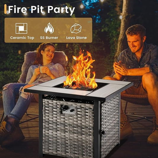 HOOOWOOO Patio Furniture Set,7 Piece Outdoor Furniture Set with Fire Pit Table,Wicker Patio Conversation Couch Swivel Chairs Ottoman Set,Denim Blue