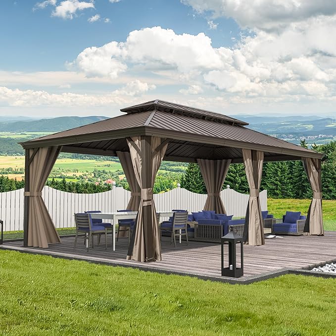 Domi 14'x22' Hardtop Gazebo Canopy,Outdoor Aluminum Gazebo with Galvanized Steel Double Roof,Large Permanent Gazebos Pavilion for Patio Deck Backyard,Curtain and Netting, Dark Brown