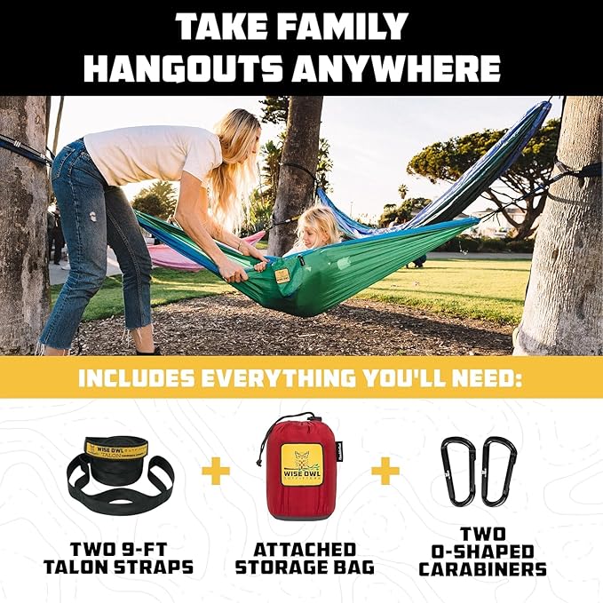 Wise Owl Outfitters Camping Hammock – 500lbs Portable Hammock with Tree Straps - Travel, Backpacking, Hiking, Outdoors Camping Gear - Single or Double