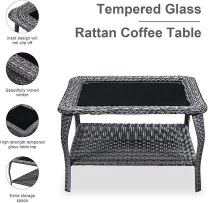 HUMMUH 9 Piece Patio Furniture PE Wikcer Outdoor Furniture Set with Sectional Sofa Swivel Patio Chairs Ottomans and Glass Coffee Table for Yard,Garden,Lawn