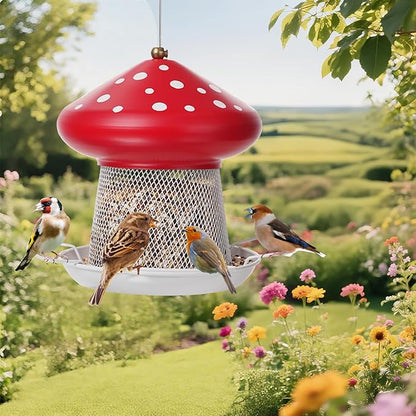 Bird Feeder, Heavy Duty Metal Bird Feeders for Outdoor Hanging, Cute Mushroom Shape 3.5 LB Large Capacity Wild Birdfeeder for Outside Garden Yard (Red)