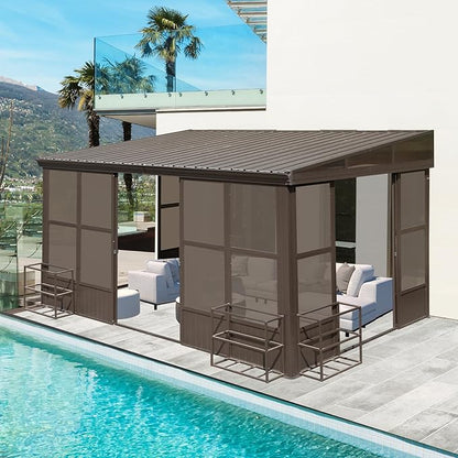 10x14FT Lean to Sunroom Enclosed Gazebo with Gutters,Wall Mounted Sun Room, Solarium with Galvanized Steel Sloping Roof &Detachable PC Screens, 3 Sliding Doors Sun Rooms for Patio, Deck -Brown