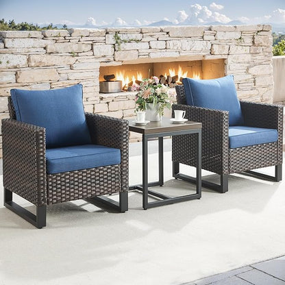 Rilyson Wicker Outdoor Patio Chairs Set - 3 Piece Rattan Patio Furniture Bistro Chairs Set with Waterproof Wicker,Comfortable Cushions and Sturdy Metal Frame for Porch Deck Backyard(Brown/Blue)