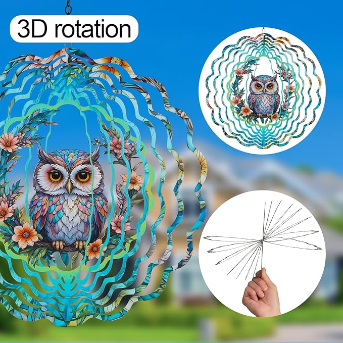 Metal Wind Spinners for Outdoor,Birthday Gifts for Women Mom Grandma, 12 Inch Owl Wind Spinner Bird Devices Deterrent to Scare Birds Away from Yard Patio Farm, Kinetic Sculpture Garden Decor