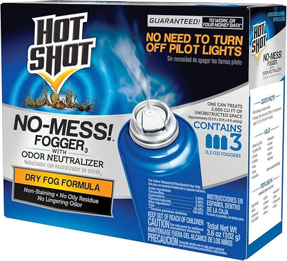 Hot Shot No-Mess! Fogger With Odor Neutralizer 3 Count-1.2 Ounce Cans, Kills Hidden Bugs, No Need To Turn Off Pilot Lights