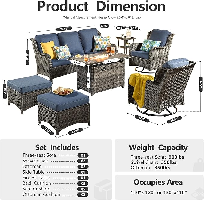 HOOOWOOO Patio Furniture Set,7 Piece Outdoor Furniture Set with Fire Pit Table,Wicker Patio Conversation Couch Swivel Chairs Ottoman Set,Denim Blue