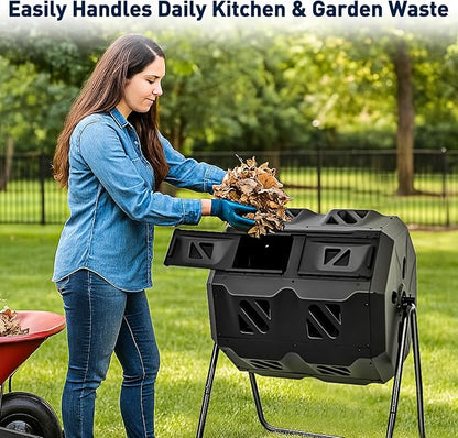 Yesker Dual Chamber Compost Bin Outdoor, 43 Gallon Rotating Tumbling Composter with Sliding Doors, Fast Assembly for Garden, Backyard & Kitchen Waste