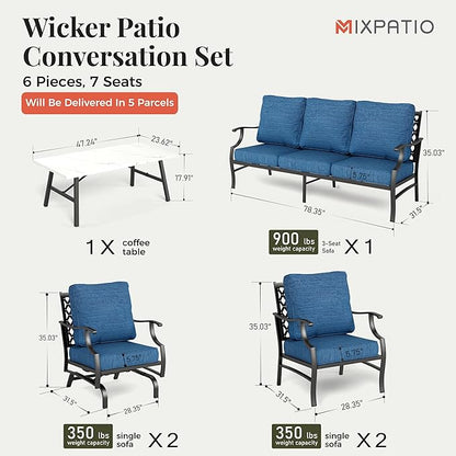 Patio Furniture Set 6 pcs, Outdoor Patio Furniture, 1 X 3-Seat Sofa, 2 X Single Chairs, 2 X Rocker Chairs, 1 X Coffee Table and 5.75" Extra Thick Cushion, Conversation Set,Gemstone Blue