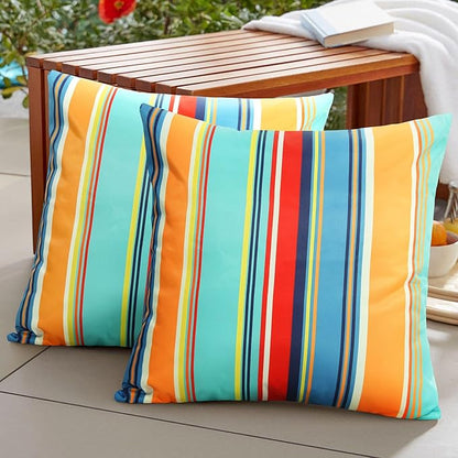 Pyonic Set of 2 Outdoor Throw Pillow Covers 16x16 Inch Blue Stripe Waterproof Modern Cushion Case Home Decor for Patio Couch Chair
