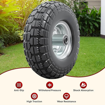 4 PCS 10” Solid Tires, 4.10/3.50-4” Flat Free Tires and Wheels with 5/8” Axle Bore Hole and Double Sealed Bearings Compatible with Hand Truck Wheelbarrow Tire Lawn Mower Tire (Silver) P-092