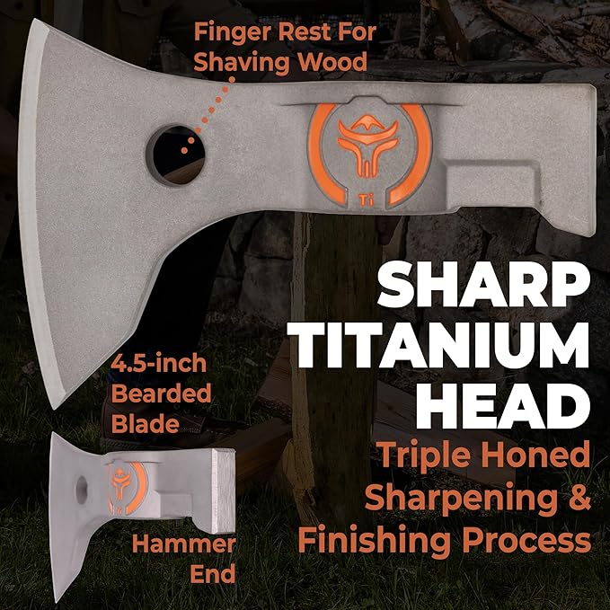 Titanium Camping Axe - 18" & 11.5" Wood Hickory Handles - Tomahawk Axe Hammer End - 2-Piece Slip-Fit Design - Includes Blade Sheath and 2 Handles - Survival Axe