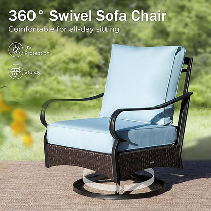 PHI VILLA Outdoor Modern Patio Furniture Set, Upgraded Wicker&Metal Patio Furniture Conversation Set with Waterproof Thick Cushions for Porch, Poolside, Deck, and Yard (4 Pieces,Blue)