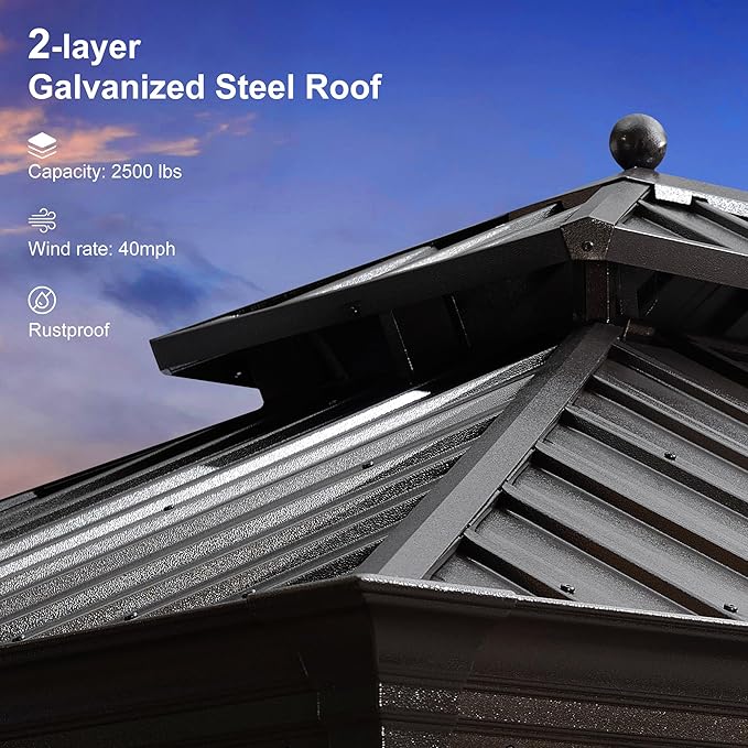 PURPLE LEAF 12' X 16' Permanent Hardtop Gazebo for Patio with Netting and Curtains Deck Backyard Heavy Duty Sunshade Metal Roof All Weather Outdoor Pavilion Canopy