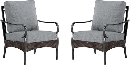 PHI VILLA Outdoor Wicker Chairs Sofa of 2, All Weather High Back Rattan Chairs 2 Seats with Comfy Cushions for Porch Deck