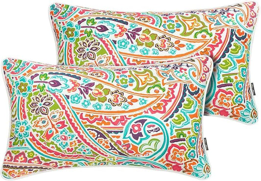 FUNHOME Set of 2 Outdoor Lumbar Pillows with Insert, 12”x20” Water-Repellent Fade Resistant Patio Lumbar Pillow, Decorative All Weather Lumbar Pillows for Home Coach Sofa Use-Melora Paisley