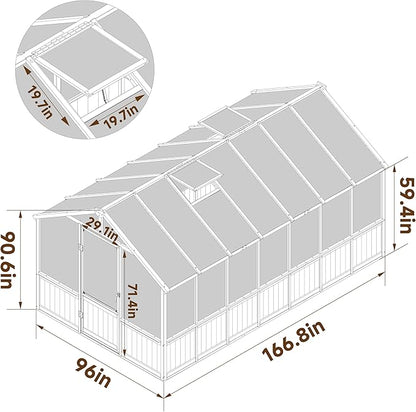 BlueWish 8x14FT Greenhouse, Greenhouses kit with Cedar Frame, Wood Greenhouse with Adjustable Vent, Lockable Door, Green House for Outside, Garden, Backyard,Light Brown Mocha