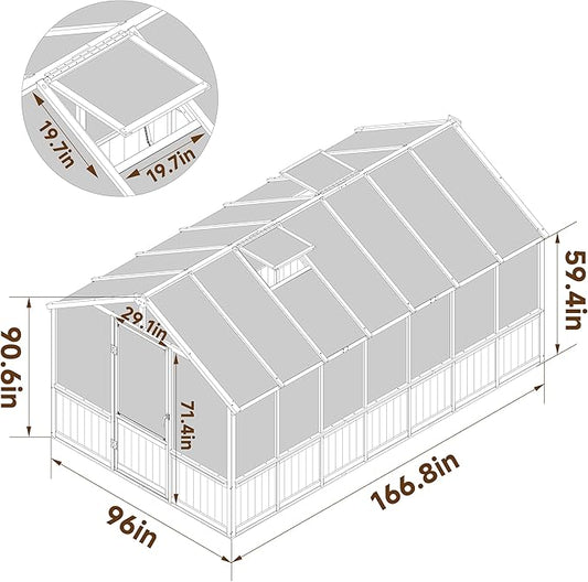 BlueWish 8x14FT Greenhouse, Greenhouses kit with Cedar Frame, Wood Greenhouse with Adjustable Vent, Lockable Door, Green House for Outside, Garden, Backyard,Light Brown Mocha