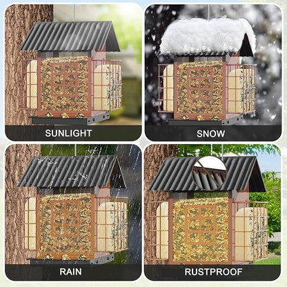 Bird Feeders for Outdoors Hanging, Metal Bird Feeder with Double Suet Cage Cake, Large Capacity, Birdfeeders Sturdy & Weatherproof, Easy to Clean & Refill, Great for Attracting Wild Birds