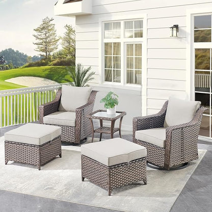 Outdoor Patio Wicker Swivel Chairs - Set of 2 Outside Resin Rattan Rocker Glider Gliding Chair Rocking Armchairs for Front Porch Balcony Backyard Yard Deck Poolside Apartment – Brown/Beige