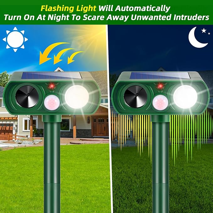 4 Pack Solar Animal Repellent Ultrasonic Outdoor Raccoon Squirrel Fortress Pro Cat Deterrent Deer Repellent with Motion Detection Strobe Light,Waterproof Repeller for Rabbit Dog Skunk for Yard