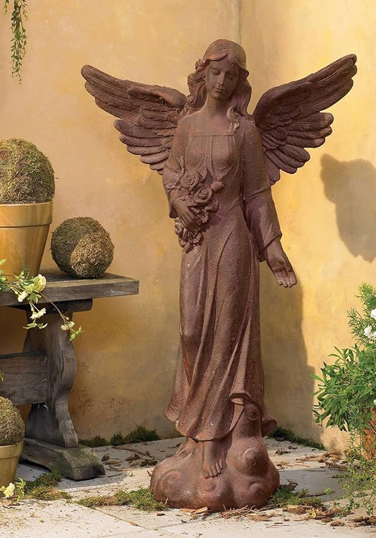 John Timberland Large Tall English Tudor Angel Garden Statue Sculpture Catholic Religious Holy Decor Outdoor Garden Front Porch Patio Yard Outside Home House Iron Rust Finish Resin 41 1/2" High