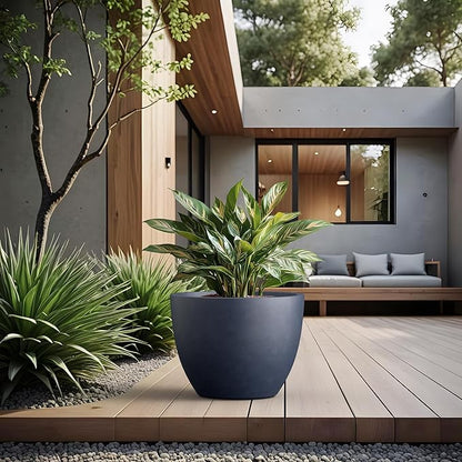 Kante 17.3 Inch Round Concrete Planter - Classic Large Indoor/Outdoor Plant Pot with Drainage Hole and Rubber Plug, Suitable for Gardens and Patios, Charcoal Finish with Forest Green Interior