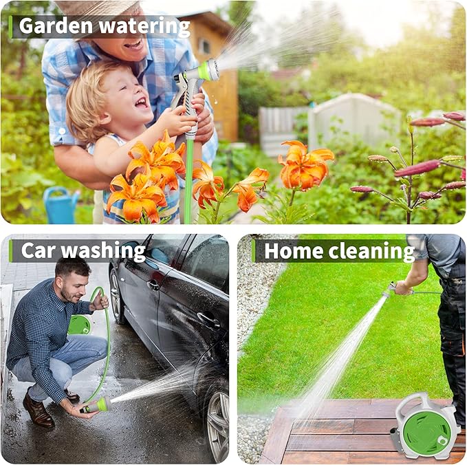 Kitness Mini Retractable Garden Hose Reel, Portable Simple Home 45+5 FT Hose Reel with 7 Adjustable Patterns Spray Nozzle&Standard Connector, Watering Hose Reel for Gardens Yards and lawns (Green)