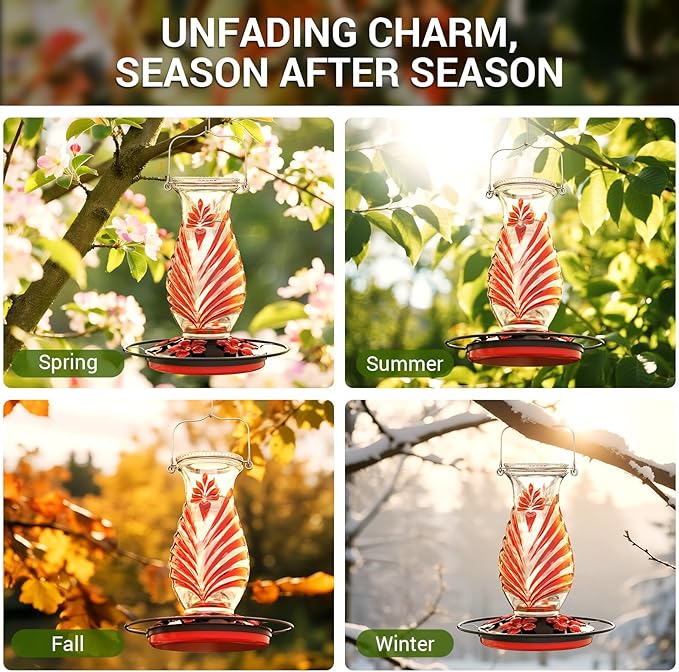 Hummingbird Feeder for Outdoors, 24oz Glass Nectar Feeder with Perch & 5 Flower Feeding Ports, Leakproof Hanging Bird Feeder for Garden Yard Decor, Outside Gifts for Women & Mom, Ruby Red