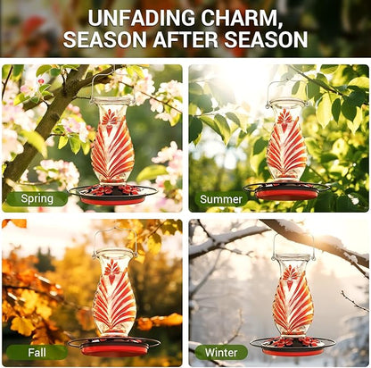 Hummingbird Feeder for Outdoors, 24oz Glass Nectar Feeder with Perch & 5 Flower Feeding Ports, Leakproof Hanging Bird Feeder for Garden Yard Decor, Outside Gifts for Women & Mom, Ruby Red