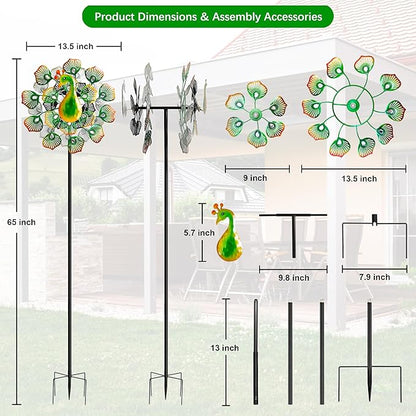 Outdoor Peacock Wind Spinners Featuring Glittering Gem Decor, 13.5" D x 65" H Kinetic Wind Sculptures, 360° Rotatable Metal Garden Wind Spinners for Yard and Outdoor Decor (Green)
