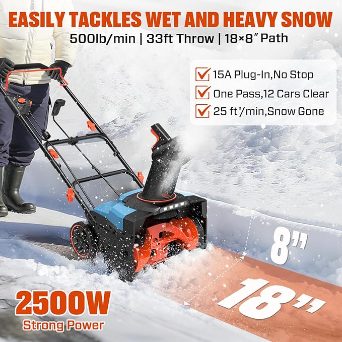 SENIX Corded Snow Blower,18 Inch Snow Thrower, Electric Snow Blower with 8" Clearing Depth, 600lbs/min, Max 33ft Throw Distance, 14Amp,1700 Watt Motor, 4 LED Lights