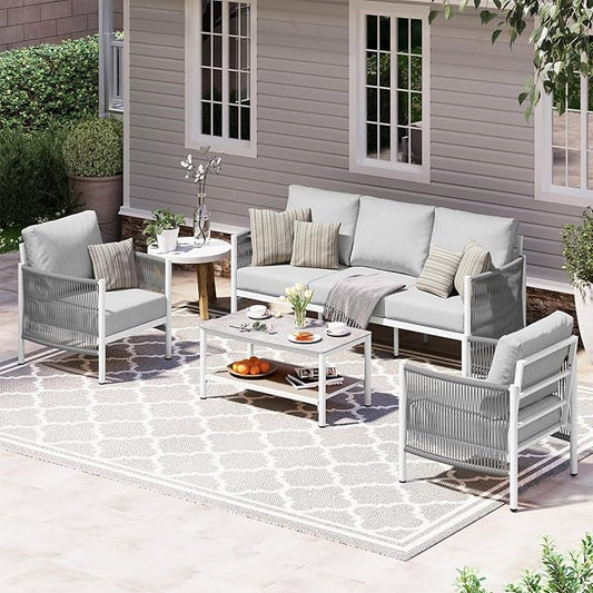 Aluminum Outdoor Patio Furniture Set, HDPE Rope 4 Piece Modern Sectional Conversation Sets with Dual-Layer Coffee Table, All Weather Patio Couch Set with Thick Cushions, White Frame, White