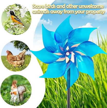 Hausse 10 Pack Reflective Pinwheels Wind Spinner, Extra Sparkly Pinwheel with Stakes, Bird Repellent Blinder Devices Deterrent to Scare Birds Away from Yard Patio Farm Garden, Transparent Blue