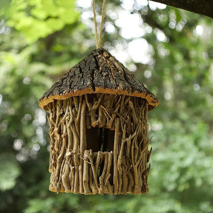Twig-Covered Cylinder Birdhouse, 2.4" Entry for Medium Birds, Natural Branch Exterior & Waterproof Interior, Woodland Garden Backyard Decor