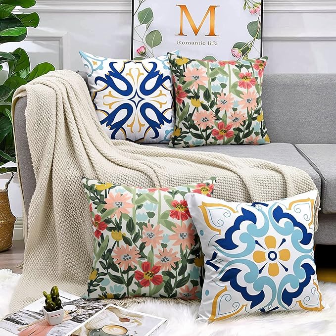 Pyonic Outdoor Pillows Cover Pack of 2 Floral Waterproof Throw Pillow Covers 20X20 inch Outdoor Pillows for Patio Furniture Garden Square Outside Waterproof Pillow