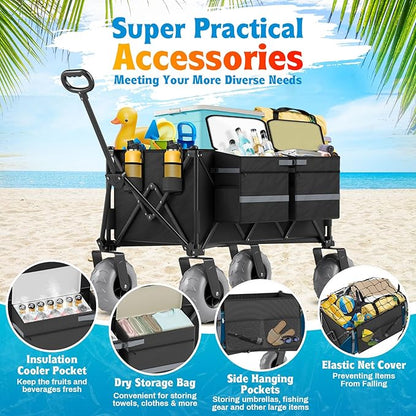 Heavy Duty Beach Wagon with 9" Big Wheels for Sand - 450lbs Load Foldable Wagon with Adjustable Handle & Cooler Bag, Collapsible Beach Cart for Shopping Garden Sports Camping Outdoor