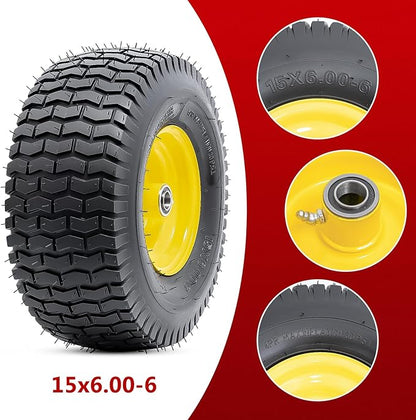 15x6.00-6 Tire and Wheel, 15-Inch Replacement Pneumatic Tires with 3/4" Bearings Compatible with Hand Truck, Wheelbarrow, Wagon, Gorilla Carts Tires (Yellow, 2PCS) P-103