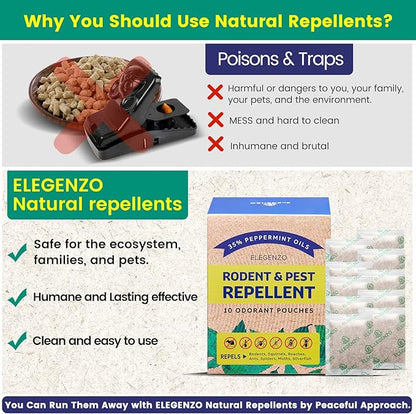 ELEGENZO Mouse Repellent Pouches with Peppermint Oil - Repels Mice, Rats, Squirrels, Roaches, Ants, Spiders, Moths (1 Count (Pack of 10))