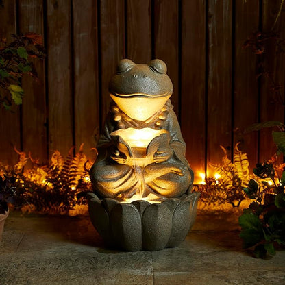 Glitzhome Outdoor Fountains and Waterfalls Zen-Style Frog Water Fountains with LED & Pump, Patio Water Fountain Yard Fountain 2 Tier Floor Waterfall for Backyard Lawn Garden Porch 22" H, Sand Beige