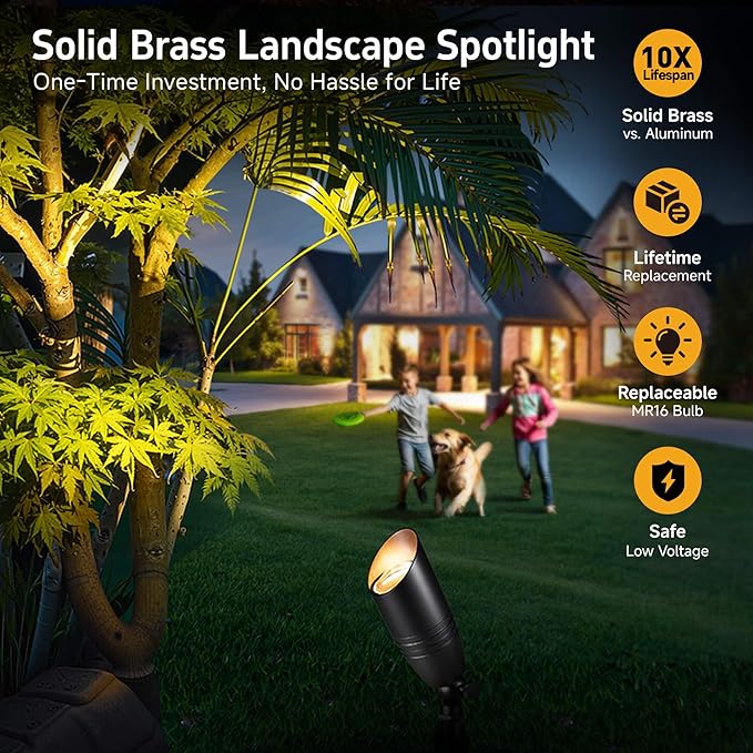 Gardenreet Die-Cast Brass Spot Light Outdoor - 12V LED Uplighting Waterproof, Low Voltage Landscape Lights Bright, Metal Direct Wire Black for Fence Fountain Without MR16 Bulbs (12 Pack)