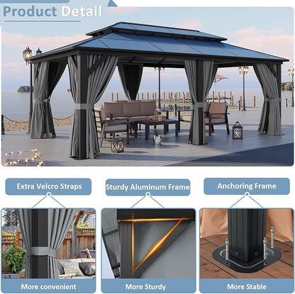 Aoxun 12'x20' Hardtop Gazebo, Aluminum Frame Permanent Pavilion with Curtains and Netting, Outdoor Polycarbonate Double Roof Canopy, Designed for Patio, Garden, Lawns, Gray