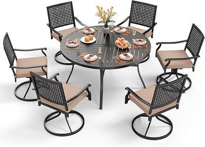 PHI VILLA 7 Pieces Outdoor Round Dining Set for 6, Large Wrought Iron Table with Umbrella Hole & Swivel Metal Chairs with Cushions, Modern Furniture Set for Patio, Deck, Yard, Porch