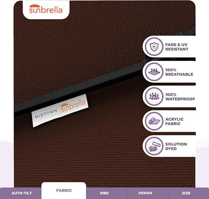 Midtown Umbrellas Sunbrella Umbrella 9 Feet Outdoor Umbrella With Sunbrella Bay Brown Acrylic Fabric - Auto-Tilt Aluminum Frame Patio Umbrella For Backyard, Deck, Garden, Pool - Black Pole