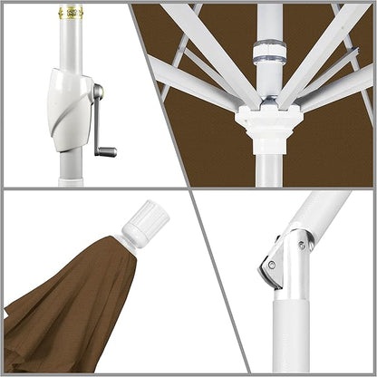 California Umbrella 7.5' Round Aluminum Market Umbrella, Crank Lift, Push Button Tilt, White Pole, Woven Sesame Olefin