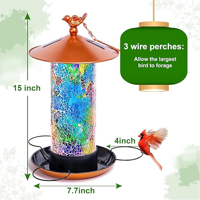 XDW-GIFTS Mosaic Solar Bird Feeder, Waterproof Lantern Shape with Hook & 4 LED Lights, Garden Decor for Lawn, Patio, Balcony, Yard Ornament - Unique Gifts for Mom,Women,Grandma,Bird Lovers