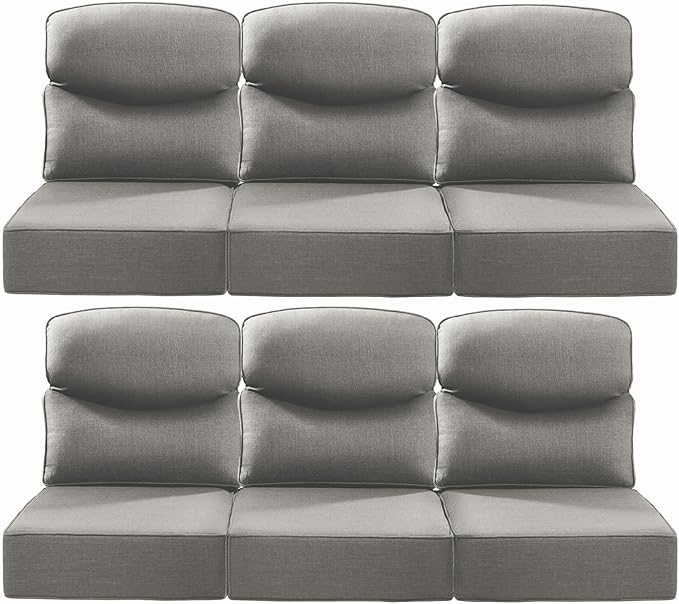 Luxury 24x24x6 Inch Smile Patio Cushions for Outdoor Furniture Set of 6 - Thick Back & Deep Seat Outside Replacement Chair Pillows for Rattan Metal Glider Loveseat Sectional Sofa - Grey