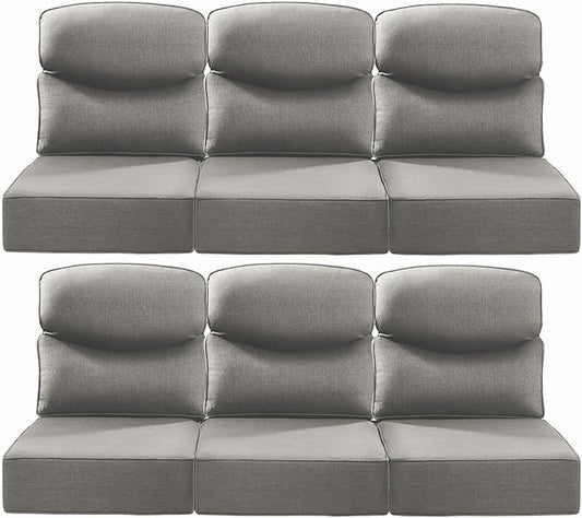 Luxury 22x24/22x25 6-Inch Smile Patio Cushions for Outdoor Furniture Set of 6 - Thick Back & Deep Seat Outside Chair Cushions for Rattan Metal Glider Loveseat Sectional Sofa - Grey