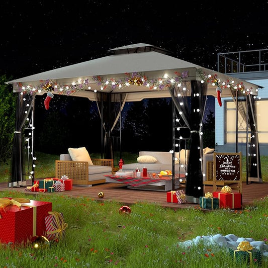 11x13 Outdoor Patio Gazebo with Mosquito Netting and Corner Frame Screen Wall, Double Roofs Metal Frame Party Canopy Tent Shelter for Backyard Garden Deck - Tan