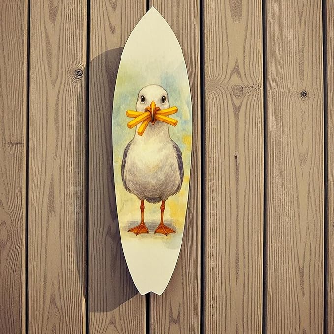 JennyGems Funny Seagull Surfboard Wall Art – Coastal Beach Decor, Seagull with Fries, Outdoor PVC Surfboard Sign, 2 Foot